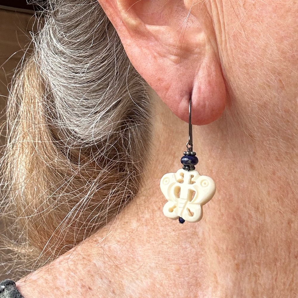 New Hand Crafted Butterfly Earrings with Lapis accent bead. Sterling Silver.